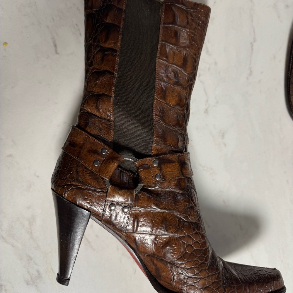 Brown Crocodile Pattern Heeled Boots - image 1